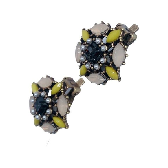 RJ Graziano Pearl Flower Button Clip Earrings 1"  Pastel Rhinestones - Picture 3 of 9